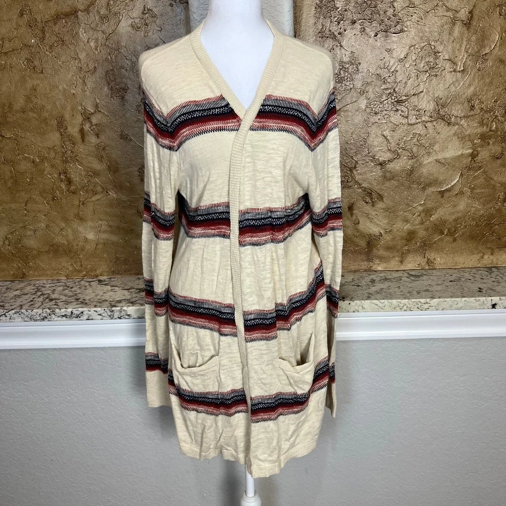 Eddie‎ Bauer Cardigan Sweater Womens XL Cream Striped Open Front Cotton Light